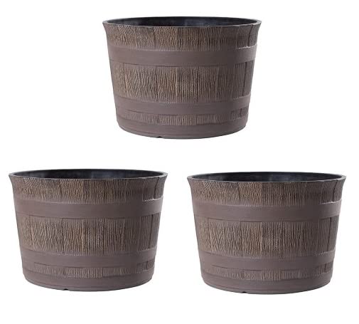 Jinfa 3er-Set Miniteich Pflanzkübel aus Kunststoff in Weinfassoptik bottich Blumenkübel | Farbe: Eiche | Design: Barrique | Ø 36 cm