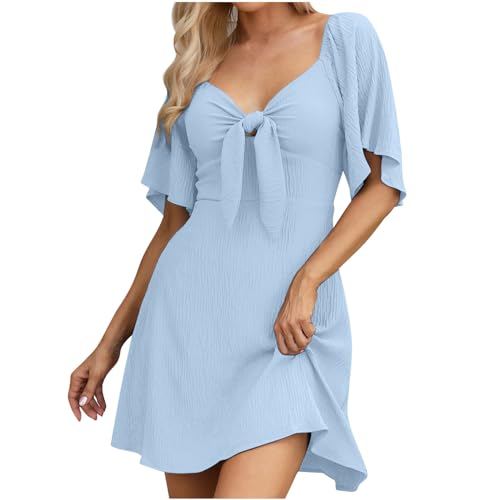Womens Summer Dress UK V Neck Ruffle Short Sleeve Midi Dress Elegant Party Dresses Solid Casual Tunic Dress Front Tie Short Dress Going Out Dress Holiday Vacation Light Blue