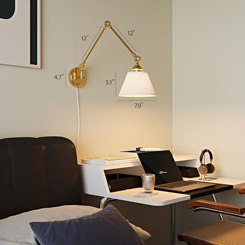 Image of Gold Plug in Wall Sconce, Swing Arm Wall Light with 6.6FT Plug in Cord, Two Adjustable Arms, Fabric Shade, E26 Base, Hardwired Wall Lamp for Bedroom, Reading, Living Room, Hallway (1 Pack)