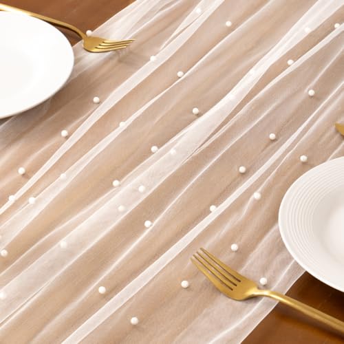 Socomi Pearl Gauze Table Runner Spring Easter Sheer 10FT Tulle Dining Wedding Birthday Party Baby Shower Anniversary Holiday Centerpiece Table Decor Ivory White #4