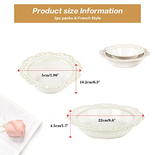 Sungmor 2Pc Ceramic Pasta Bowls Set, 8.5Oz Salad Bowl & 15Oz Soup Bowl, Beautiful Vine Emboss Porcelain Large Serving Bowl, Vintage Medieval Europe Style Wide & Shallow Big Heavy Bowls Dinnerware #TOP5