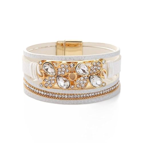 Bracelet en cuir femme de qualité supérieure orné de zircon brillant à fermoir aimanté