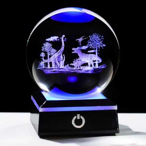 Image of Arikyrist 3D Crystal Ball Dinosaur Figurine with Colorful Light Base, Dinosaur Gifts for Women Men Dinosaur Lovers on Christmas Birthday, Glass Dinosaur Statue Decorative Ball for Home Office