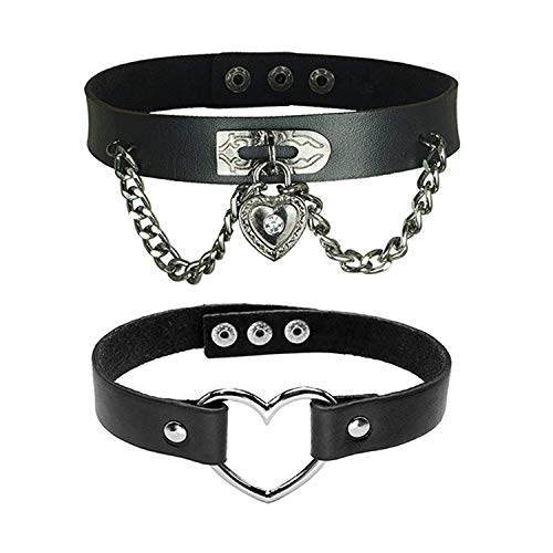 JinYu Lot de 2 colliers ras du cou en cuir en forme de cœur pour femme - Collier ras du cou en cuir gothique punk rock réglable - Noir Cover