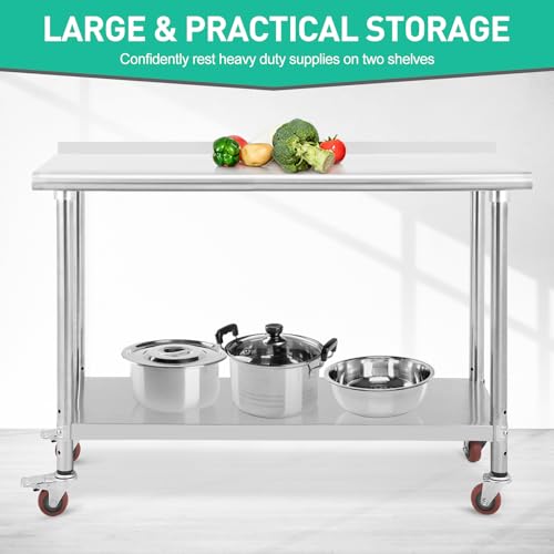 Image of 60x24x35inch Double Layer Stainless Steel Work Table with Caster Wheels & Backsplash