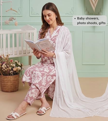 Image of DUMMY SHAPE Maternity Dresses for Women Cotton | Floral Kurta Pant Dupatta Set with Nursing Zippers, Side Pocket | Pre & Post Pregnancy | Feeding Kurti Suit | Baby Shower | Gifts for Pregnant Woman