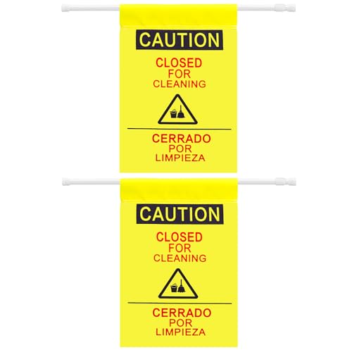 Fanfanwin 2 Pack Restroom Closed for Cleaning Sign with English and Spanish Text 27.56-51.18 In Expandable Yellow Commercial Door Barricade Sign Hanging Doorway Safety Banner for Office Restroom Hotel