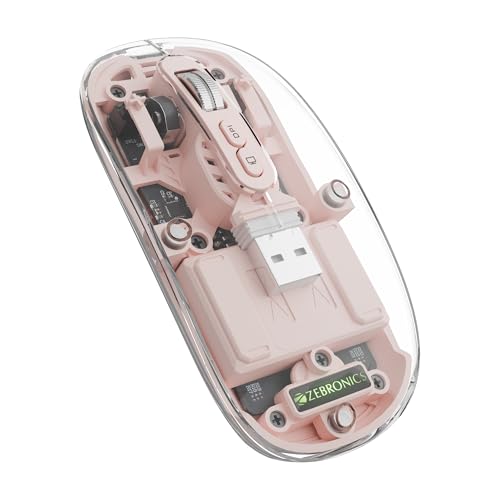 Image of ZEBRONICS Sheer Rechargeable Wireless Mouse, Dual Mode (2.4GHz + BT), Dual Bluetooth, Silent Operation, Transparent Body, RGB, Battery Indicator, for Mac | Laptop | Computer (Pink)