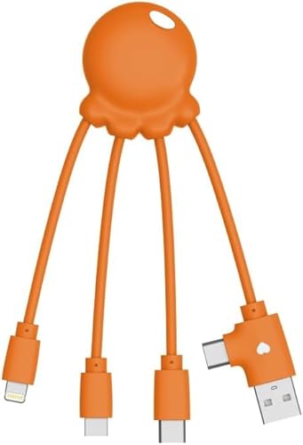Xoopar Câble Multi USB 4 en 1 en Forme de Pieuvre Chargeur Universel en Plastique Recyclé issue des Océans Port USB/C Lightning Micro USB Compatible tous les Smartphone Octopus OBP Orange