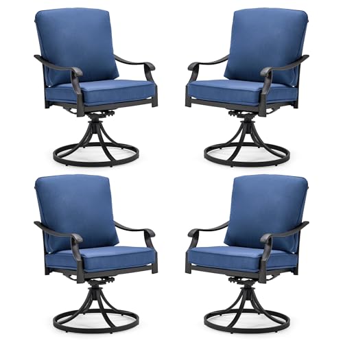 MELLCOM Patio Swivel Chair Set of 4, Heavy Duty Outdoor Dining Chairs with Thickened Cushions, Metal Patio Chairs Gentle Rocker for Outside, Garden Lawn & Porch, Backyard, Blue