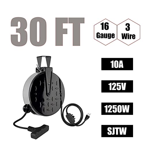 Greatide 30 Ft Retractable Extension Cord Reel, 16/3 Sjtw Power Cord With 3 Electrical Outlets And 10 Amp Circuit Breaker, Ceiling Or Wall Mount, Metal Plate, Ul Listed, Grey #TOP1