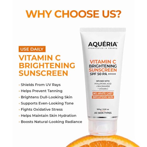 Image of Aqueria 3-in-1 Bright Detan Sunscreen SPF 50 PA++++ | In-Vivo /In-Vitro Tested | 5% Niacinamide, 5% Hyaluronic & Vitamin C | Modern UV Filters | Broad Spectrum UVA /UVB & Blue Light Protection | Lightweight, No White Cast, Sweat Resistant | Suitable for Daily Use | For Normal, Dry & Sensitive Skin | 50g