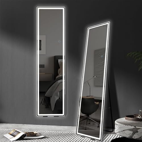 LED Full Length Mirror 160x40cm Free Standing, Full Size Body Mirror with Dimming & 3 Color Lighting,Wall Mounted Hanging Mirror for Living Room or Bedroom, Rectangle (Black Frame)