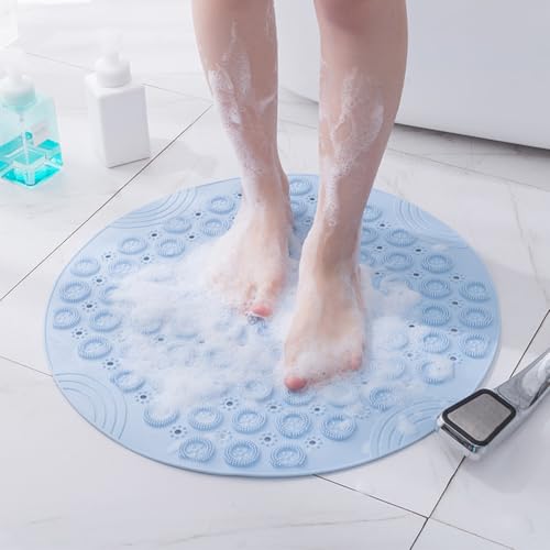 Alfombrilla de ducha redonda 2 en 1 de PVC antideslizante con ventosas y orificios de drenaje, secado rápido para cabina de ducha en el interior (azul, 66 x 66 cm)