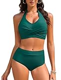 Nadeer Conjuntos de Bikinis Cintura Alta Traje de Baño Mujer 2 Piezas Halter Cuello en V Sexy Push Up Ropa de Baño Talla Grande Playa Piscina Fiesta Vacaciones(Cian,M)
