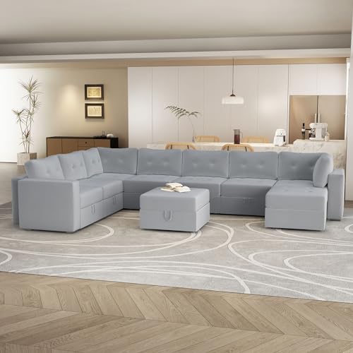 Image of QHITTY Large Sectional Modular Sofa, 9 Seater Accent Couch with Hidden Extra Large Storage Space for Living Room, Grey