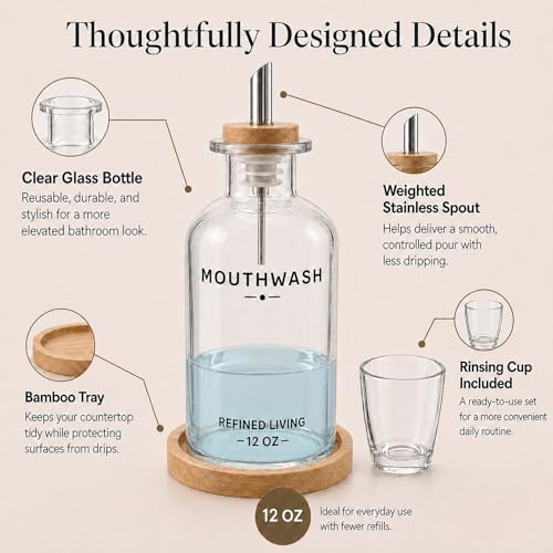Image of Mouthwash Dispenser for Bathroom, 12 OZ Refillable Glass Mouthwash Bottle with Cup and Bamboo Tray, Decorative Mouth Wash Dispenser Set for Bathroom
