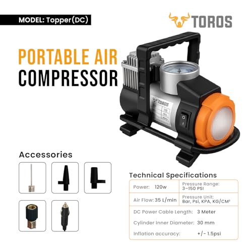 Image of TOROS Topper Heavy-Duty Tyre Inflator /Air Compressor with Auto Cut-Off & LED Light,120 Watts, Copper Armature, Metal Cylinder, 35 Liters Per Minute, 12V Dc, 150 Psi with 15 Months warranty (TOPPER)