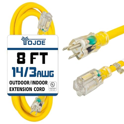 YOJOE Indoor Outdoor Extension Cord with Lighted End, 3 Prong 15A Weatherproof Power Cord, 14 Gauge Heavy Duty 8 ft Yellow Extension Cord for Garage, Garden and Home, 14/3 SJTW UL Listed