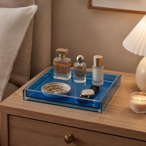 Plateau décoratif créatif en acrylique, 25,4 x 25,4 cm, plateau décoratif moderne pour bijoux, parfum, maquillage - Plateau carré transparent pour salle de bain, coiffeuse, table basse (bleu) – vue 7