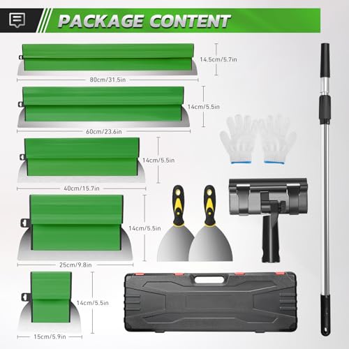 Flächenspachtel Set,Inkl. 5 x Flächenschaber (190 mm Halbmond, 250 mm, 400 mm, 600 mm, 800 mm) mit Ersatzklingen – 2 x Handschaber – Aluminium-Teleskopstange Surface Spatula Set (Grün)