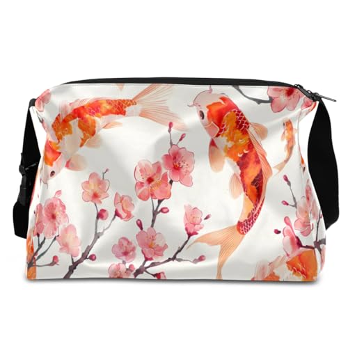 Leather Travel Duffle Bag for Women Men, Watercolor Koi Fish Cherry Blossoms Small Sports Gym Bag Weekender Overnight Bags Underseat Carry on Luggage Bags for Airplanes,A-8282