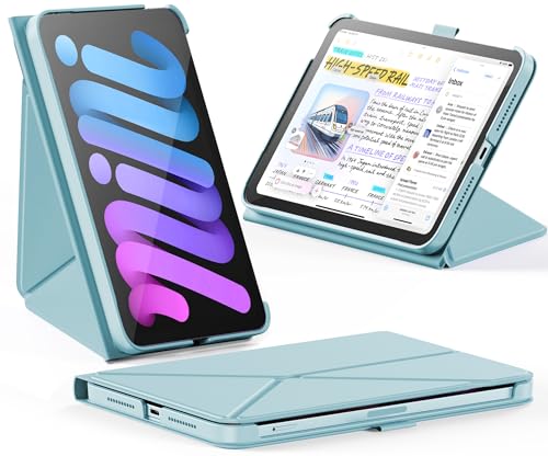 INFILAND ケース iPad Mini 7 (A17 Pro) 2024 / iPad Mini 6 2021 対応, スリム折りたたみ式ブックカバー, ペンホルダー付き, 多角度マグネットスタンド, オートスリープ/ウェイク機能付き保護ケース (スカイブルー)