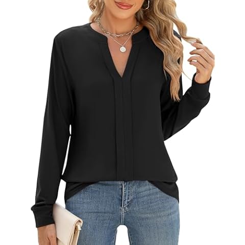Micoson Blouses for Women Dressy Casual Long Sleeve V Neck Pleated Tops Full Sleeve Business Shirts Flowy Tops and Tunic Black XL Cover