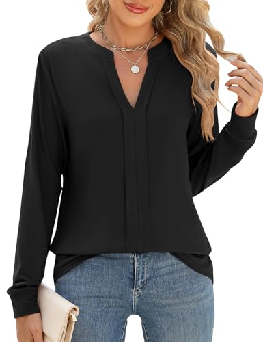 IECCP Bluse Schwarz Damen Elegant V-Ausschnitt Herbst Langarmshirt Einfarbig Blusen Lässige Oberteile Festliche Blusenshirt Schwarz L