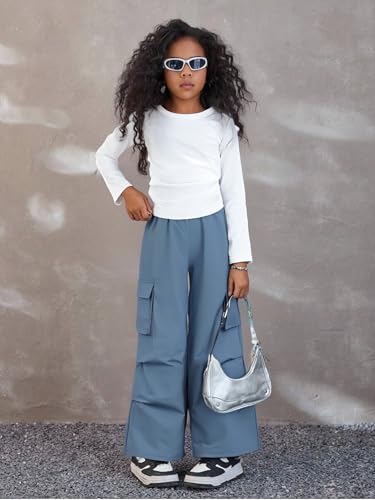Image of Azmxynol Girls Clothes 2 Piece Outfit Ribbed T-Shirt Top + Cargo Pants, Girls Fall Clothing Set, Sizes 5-16 Years