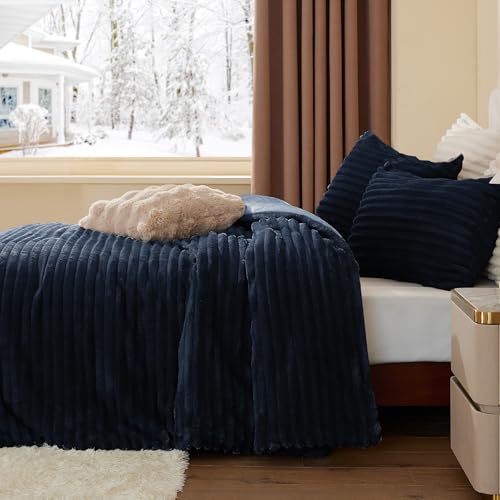 BEDELITE Fleece Twin Comforter Set -Super Soft & Warm Fluffy Navy Blue Bedding, Luxury Fuzzy Heavy Bed Set for Winter with 1 Pillow case