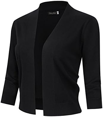 GloryStar Women's 3/4 Sleeve Open Front Cropped Cardigan Sweater Lightweight Knit Short Shrugs Black L