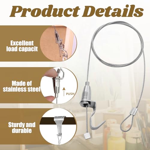 Image of Zorfeter 8 Pack Adjustable Picture Rail Hanging System, Sturdy Picture Rail Hooks Kit 66 lbs(30KG) Max Load Wire Hooks, 3ft(1m) Cable with Loop Picture Hanging Kit for Frames Display /Silver