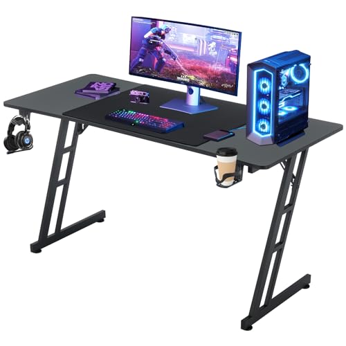 Gamer Tisch 140x60cm，Z-Frame Gaming Schreibtisch，Computertisch PC mit Getränkehalter,Kopfhörer Haken Kohlefaserbeschichtung，Stabiler PC Schreibtisch Ergonomischer für Home Office，Gaming Tisch