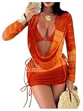OYOANGLE Bathing Suits for Women 4 Piece Tie Dye Crochet Triangle Thong Bikini Set with Cover Ups Orange Small