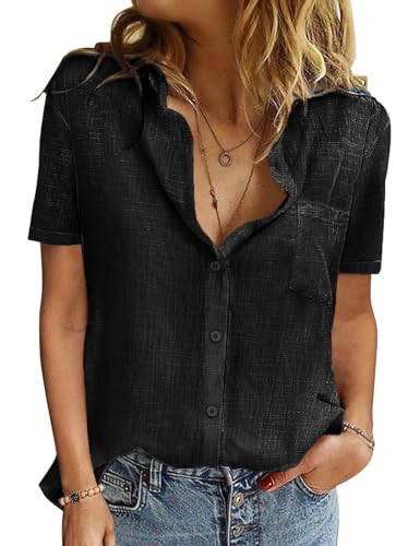 UMIPUBO Womens Shirt Blouse Summer Casual Short Sleeve Shirts Ladies 100% Cotton V Neck Blouses Button Down Elegant Tops for Women Basic Loose Tunic T Shirts (Black, M)