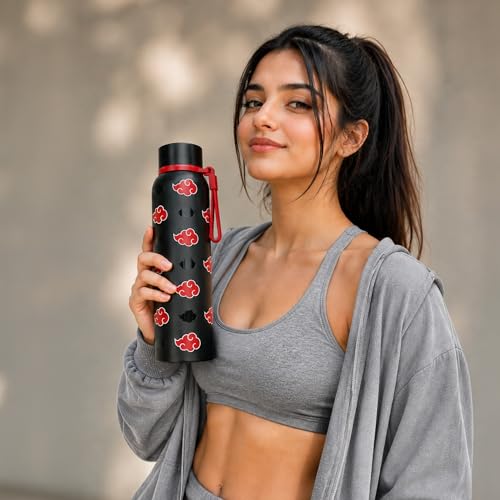 Image of Water Bottle 700ml Stainless Steel | Hot & Cold Flask | ISI Certified Steel Bottle | Three Layer Insulation | Leakproof for Home, Office | 1-Year Warranty | Naruto | Black - Akatsuki Cloud