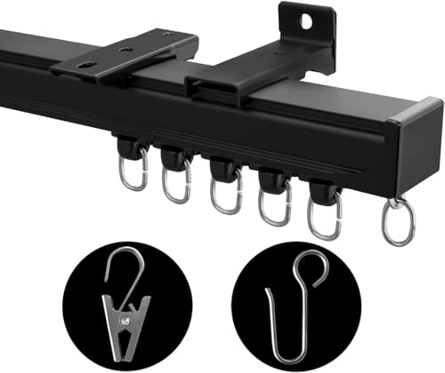Ceiling Curtain Track, Heavy Duty Curtain Tracks System for Room Divider, Wall Mount Sliding Curtain Rail with Clip and Hooks Set for Living Room, Bedroom, Shower, Outdoor, Black, 6ft-9ft
