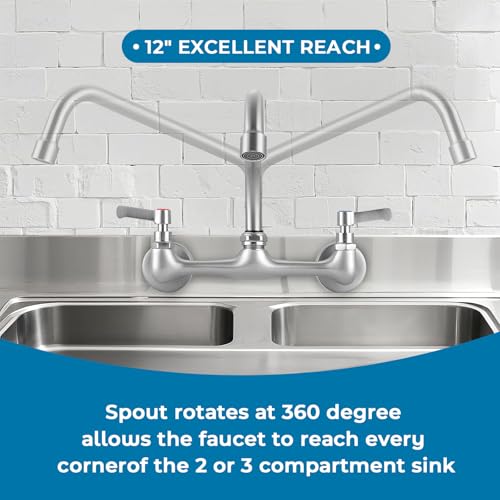Qomolangma Kitchen Faucet Wall Mount with 12 Inch Swivel Spout 8\" Center Commercial Sink 2-Handle Faucet Mixer Tap Brushed Nickel - Thumbnail 3