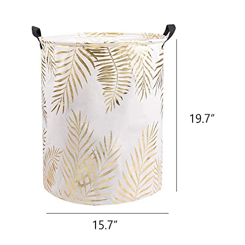 Uujoly Collapsible Laundry Basket, Laundry Hamper With Handles Waterproof Round Cotton Linen Laundry Hamper Printing Household Organizer Basket, 19.7X15.7 Inches (Gold Leaf) #TOP3