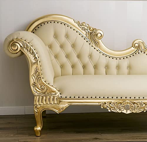 Image of Chaise Lounge Royal Carving Sofa Design Golden Polished and Leatherette Cover (Cream) 3-Person Sofa