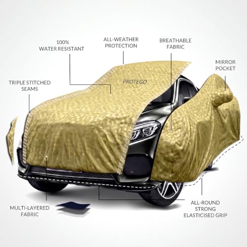Image of PROTEGO All Weather Protection Car Cover for Ameo | Anti Dust, 100% Waterproof, Custom Fit, Multi-Layered, Elastic Grip, Buckle Hook with Mirror Pocket | (Gold)