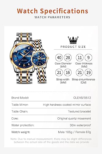 OLEVS Couple Watch Valentines Couple Matching Watches His and Her Couple Set Wrist Watch Men and Women Lovers Wedding Romantic Gifts Set of 2