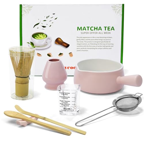 Dycoony Matcha whisk set, Matcha bowl with handle, 8-piece matcha set, bowl,matcha bamboo mixer, teaspoon, spoon, sieve, mixer holder,measuring cup,scoop stand, gift for matcha starter kit