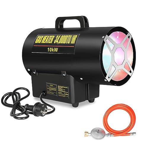 Gimisgu Riscaldatore a gas da 10 W, con tubo del gas, riduttore di pressione, ventilatore turbo, ventola di riscaldamento a gas, pistola di riscaldamento 220 V, generatori di aria calda, adatto per