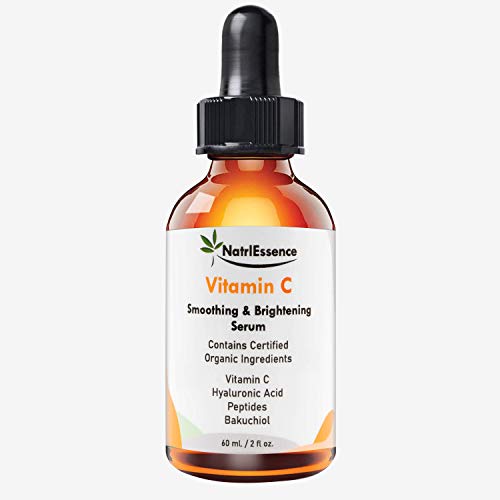 NatrlEssence Vitamin C Serum for face with Hyaluronic Acid, Bakuchiol, and contains Certified Organic Ingredients. Moisturize, soften skin, reduce the appearance of wrinkles. (Jumbo Size 60ml/2oz)