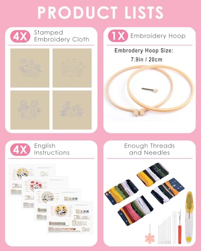 Image of TINDTOP Embroidery Kit for Adult, Panda Embroidery Practice Kits | 4 Sets for Beginners Include Embroidery Cloth Hoops Threads for Craft Lover Hand Stitch with Embroidery Skill Techniques