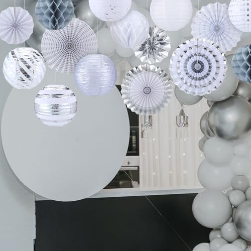 Image of Retisee 18 Pcs Metallic Silver Party Decorations Kit Hanging Metallic Silver Paper Lanterns Paper Fans Honeycomb Balls for Birthday Anniversary Celebration Wedding Graduation Decoration Supplies