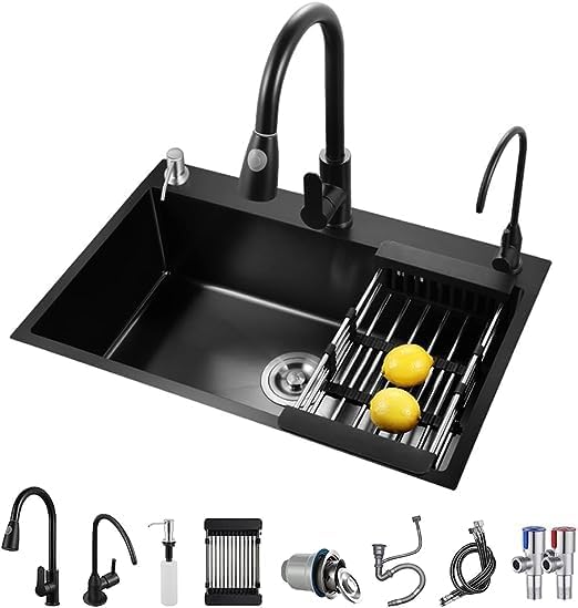 Stainless Steel Drop In Kitchen Sink w/ 3 Holes Drop-in Topmount Single Bowl Sinks Basin With Drawable Faucet & Purified Water Tap (19.7 * 17.7 * 7.9in) 19.7*17.7*7.9in
