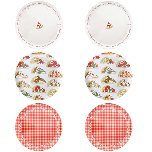PALUPLUS Set 6 Piatti Pizza Rotondi in Melamina, Diametro 33 cm e Altezza 1,5 cm, Piatto con 3 Decorazioni, Infrangibili e Riutilizzabili, Fantasia Rossa, Pizza Time e Spicchi pizza -4634C